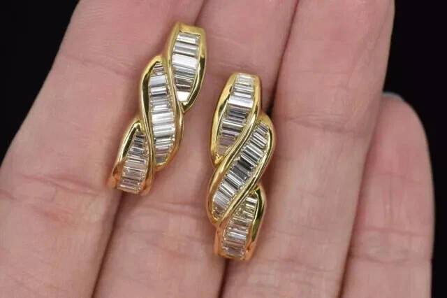 Lab-Created Diamond Omega Back Earrings Yellow Gold Plated 2.23Ct Baguette Cut