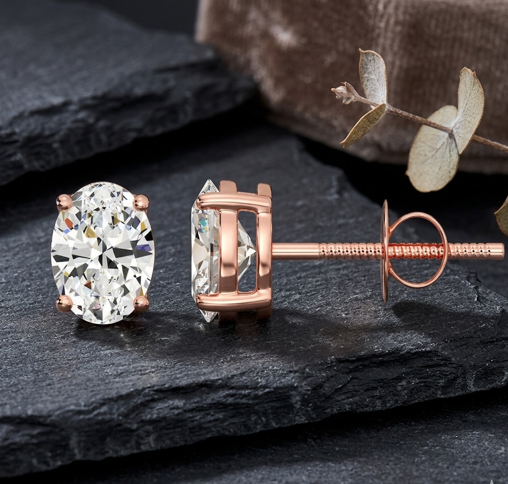 CVD Oval Diamond Earrings 3 Carat IGI Lab Created E F / VVS 14k Rose Gold Studs