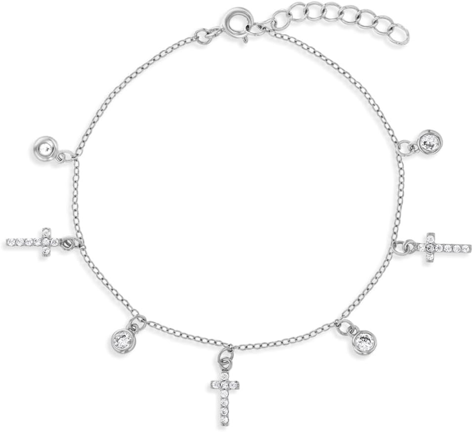 925 Sterling Silver Cross Charm with Bezel Cubic Zirconia Bracelet for Young Gir