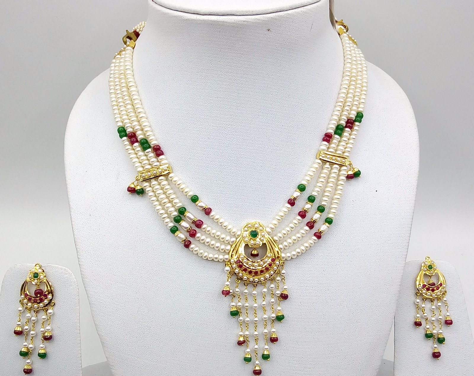 INDIAN BRIDAL GOLD PENDANT SET WITH EARRING SET RUBY EMERALD BEADED NECKLACE SET