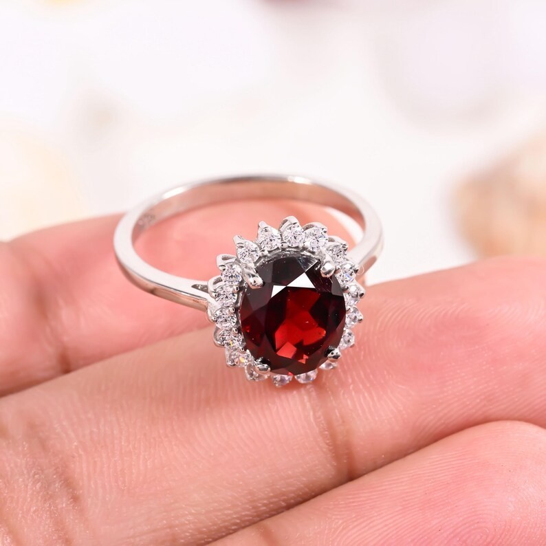 Oval 8x10mm Red Garnet Ring 925 Silver Halo January Birthstone Jewelry Gift Her