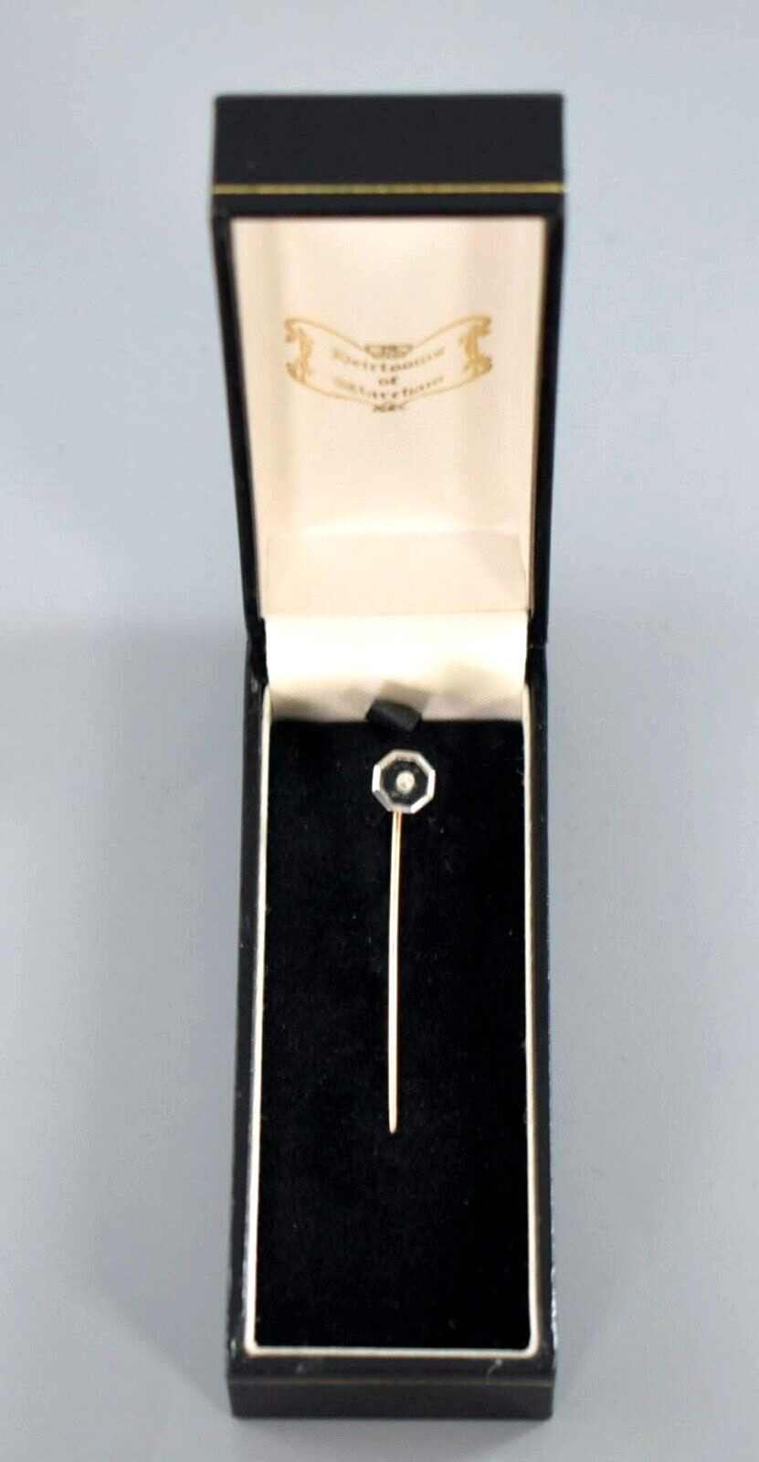 ANTIQUE ART DECO OCTAGONAL ONYX and DIAMOND GOLD STICK PIN c1920