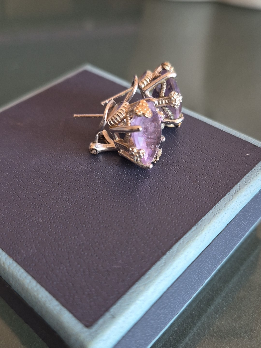 Designer Amethyst Silver 925 & Gold Omega Back Earrings NWOT