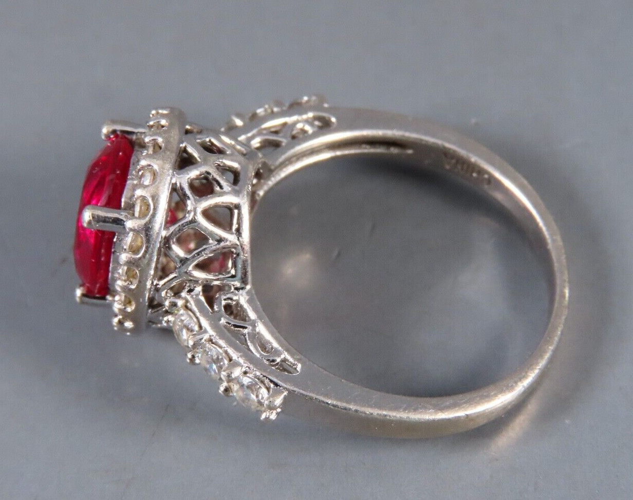 STERLING SILVER Cocktail Ring LAB CREATED DARK PINK/RED RUBY Cz Halo/Sides SZ 8