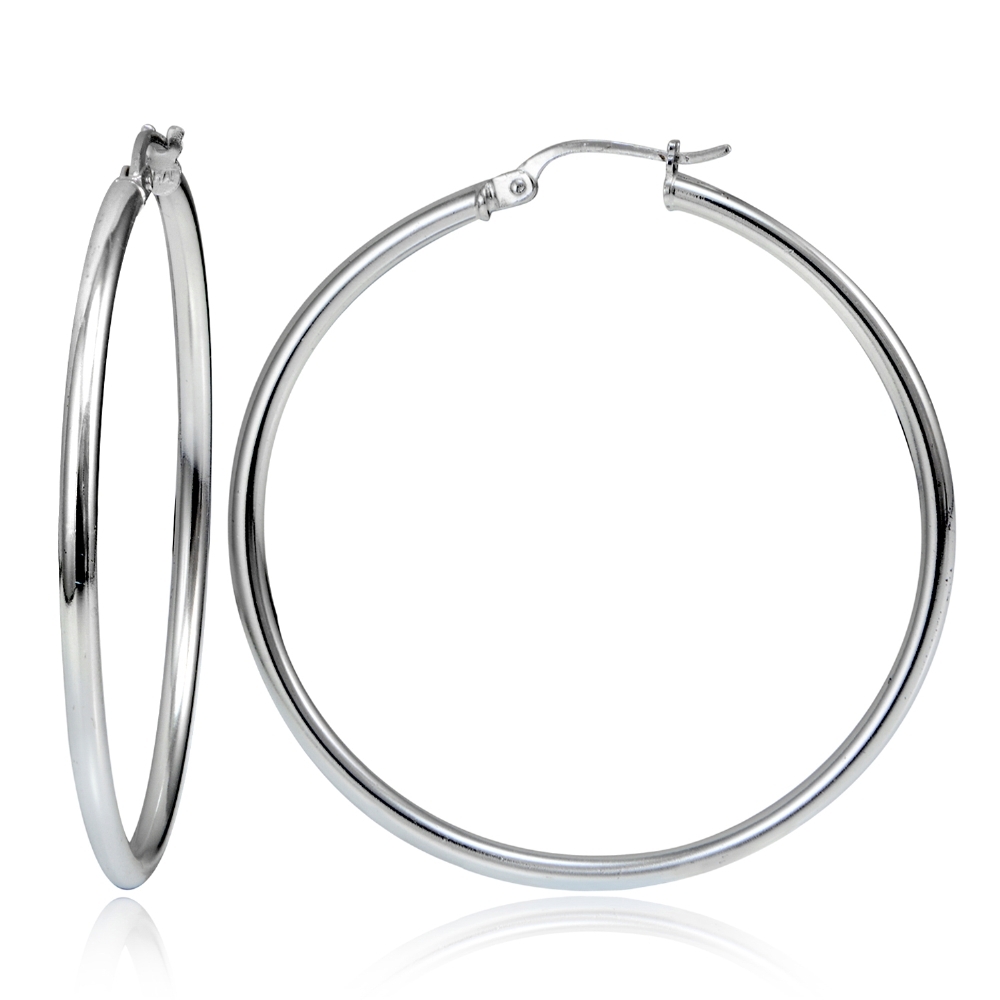 Sterling Silver 2mm High Polished Round Hoop Earrings, 50mm