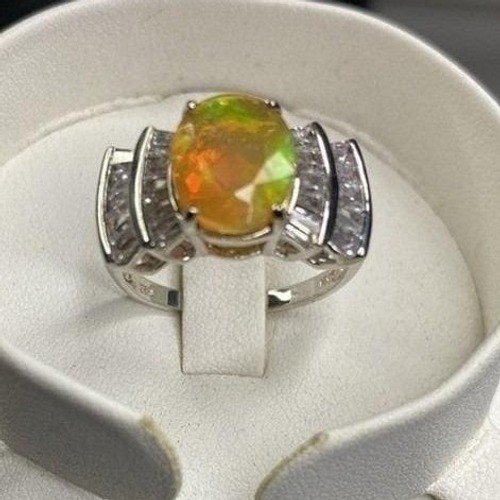 Oval Opal & White Zircon Halo Ring Sterling Silver Anniversary Statement Sz 10