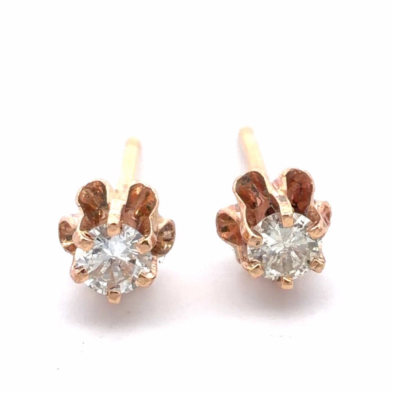 Estate 14K Yellow Gold Round White Sapphire Starter Stud Buttercup Earrings