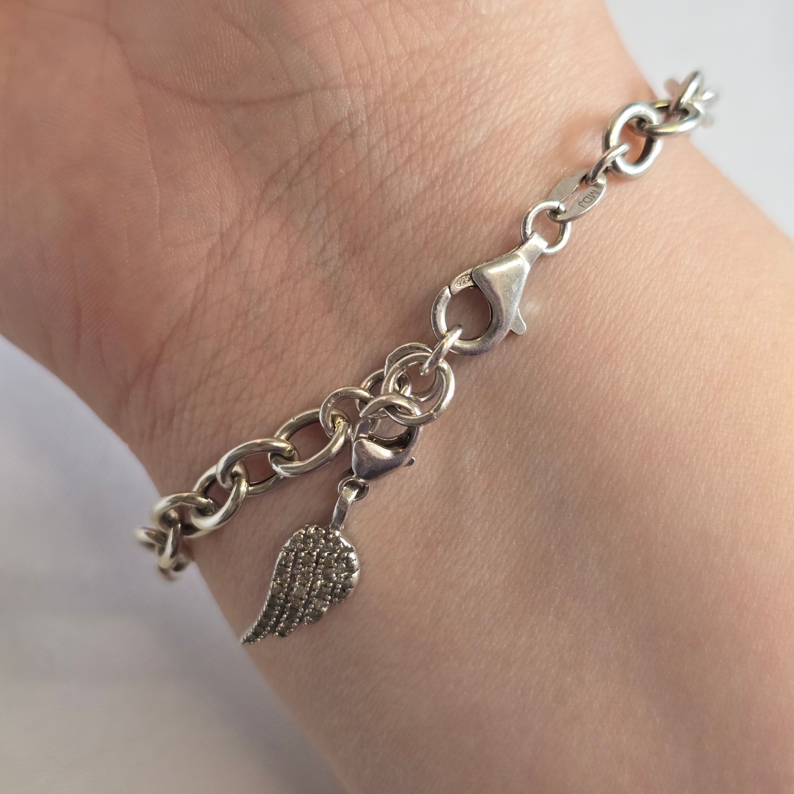 Sterling Silver Bracelet 8.39g Jewelry 8″ Cable Chain Diamond Wing Charm *READ*