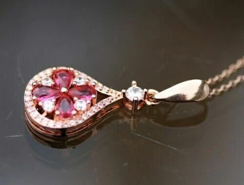 1.50Ct Pear Cut Red Ruby Flower Women’s Pendant 14K Rose Gold Finish Free Chain