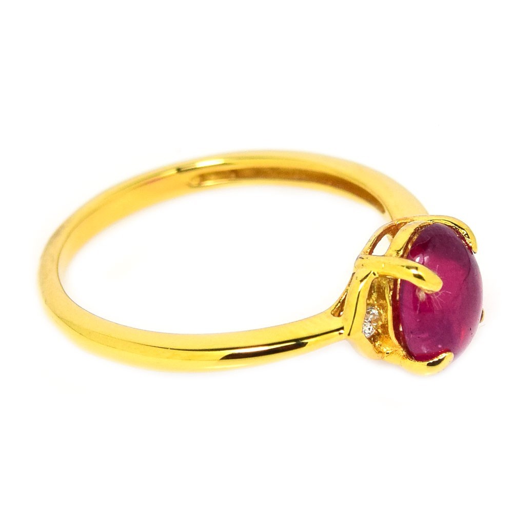 GENUINE PINK RED RUBY OVAL CABOCHON & WHITE TOPAZ STERLING 925SILVER RING SIZE 7