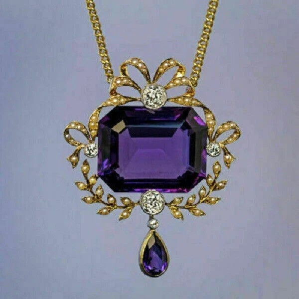 Antique 5Ct Emerald Cut Amethyst Pearl Pendant 14K Yellow Gold Finish Free Chain