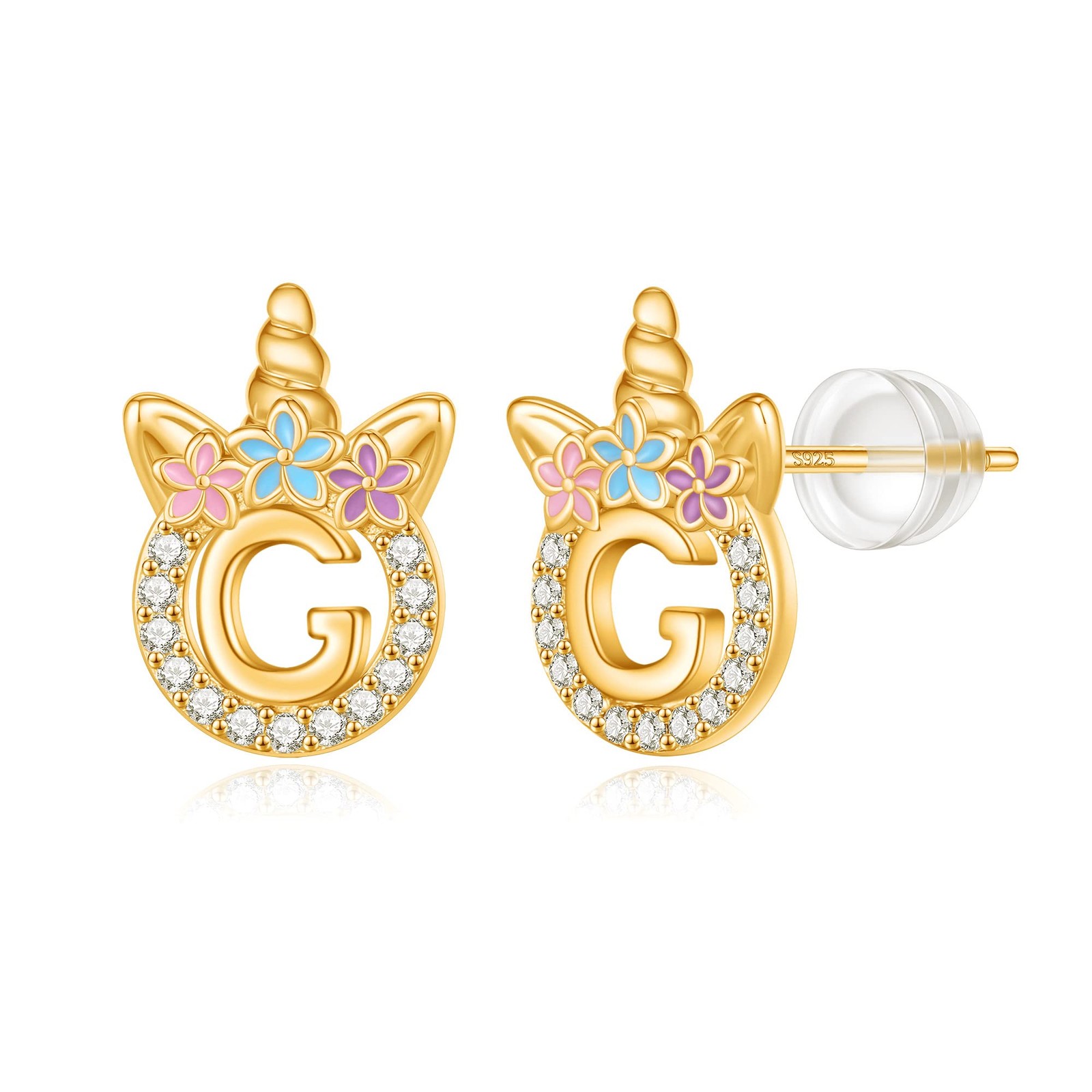 14K Gold Plated Sterling Silver Post CZ Letter G Initial Earrings for Little Gir