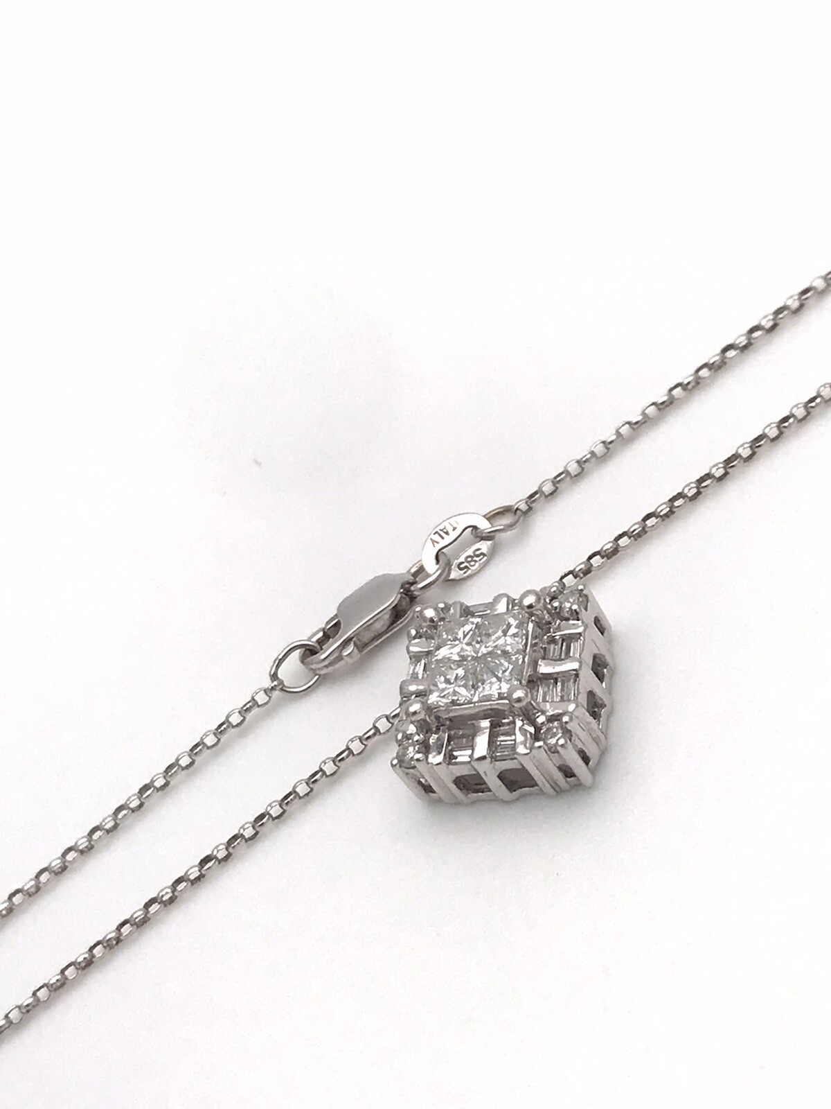14k White Gold .75ct(tw) Natural Diamond Invisible Princess Setting Necklace 17”