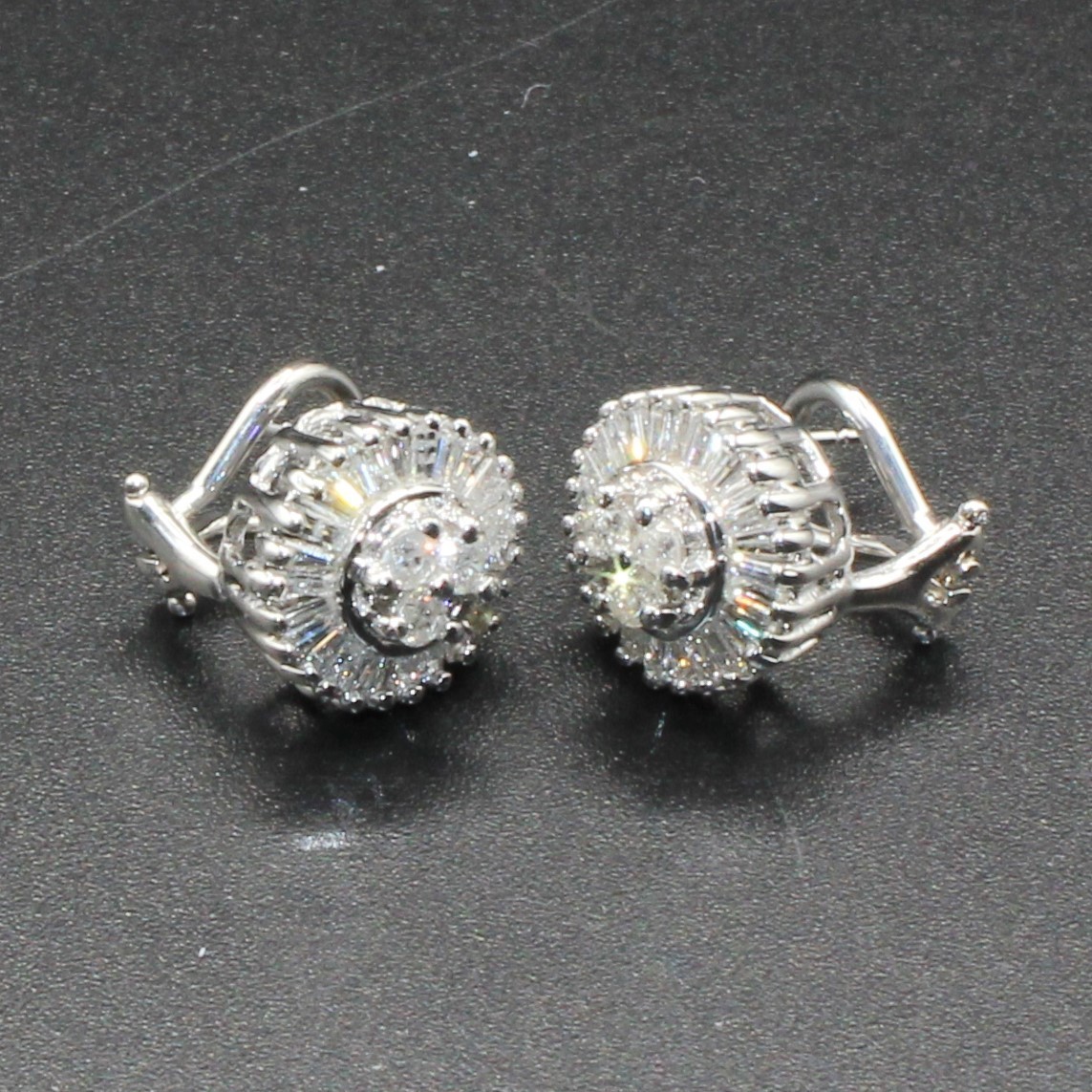 14K White REAL NATURAL Diamond Cluster Earrings 1.25CT Baguette HEAVY Omega Back