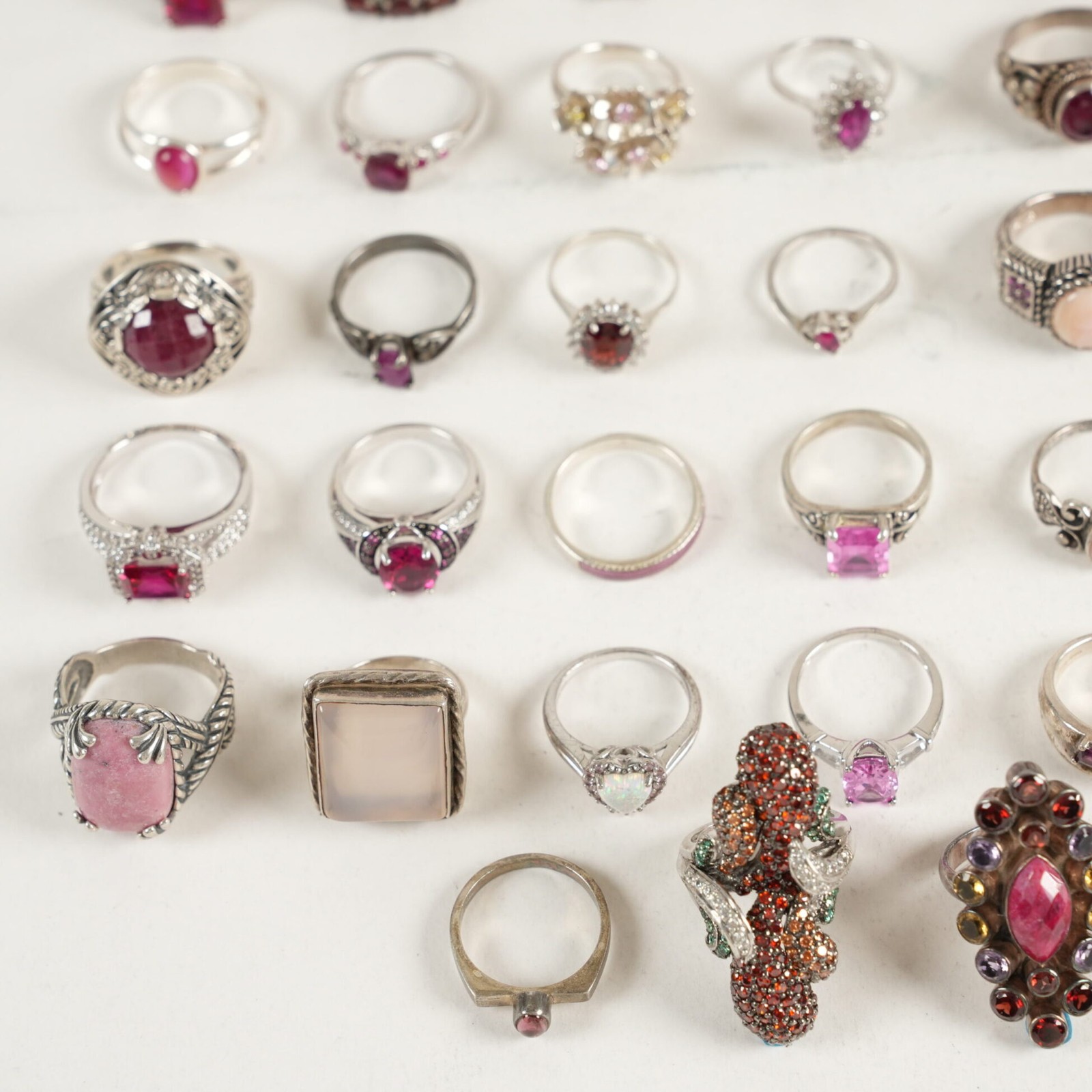 46x Sterling Silver Rings w/ Pink & Red Stones Assorted Styles & Sizes 270.9g
