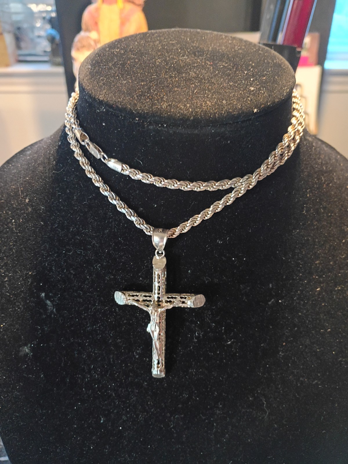 925 Sterling Silver Rope Chain Cross Pendant Necklace Lobster Clasp Religious