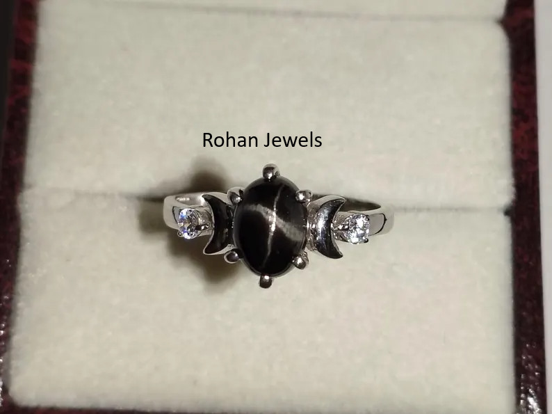 Natural Black Star Sapphire Ring 925 Sterling Silver Solitaire Women’s Ring