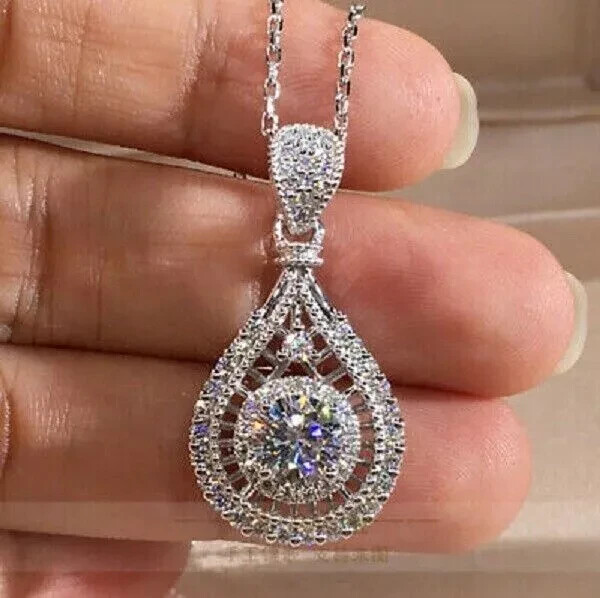 3Ct Round Cut Diamond Women’s Teardrop Pendant 14K White Gold Over Free Chain