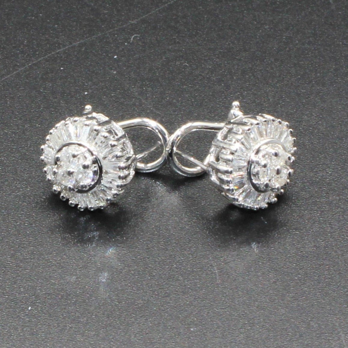14K White REAL NATURAL Diamond Cluster Earrings 1.25CT Baguette HEAVY Omega Back