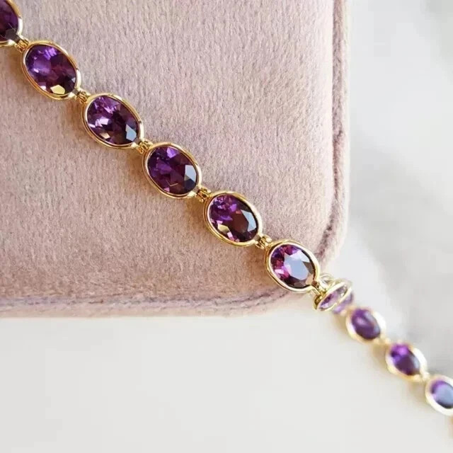 9Ct Oval Cut Lab Created Tennis Amethyst Bracelet Gift 14K Yellow Gold Plated