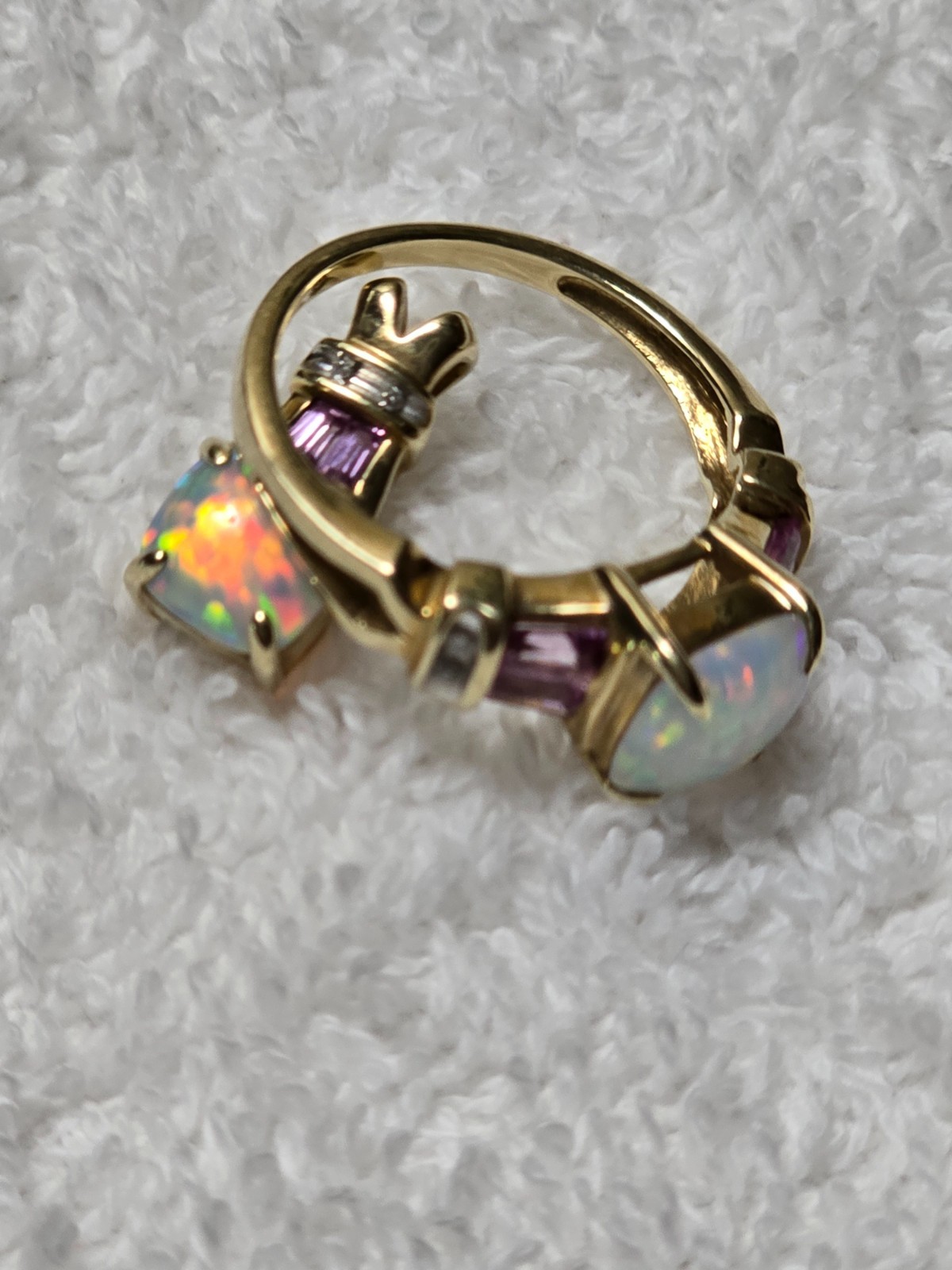 10K Yellow Gold Opal Pink Tourmaline and Diamond Ring With Matching Pendant