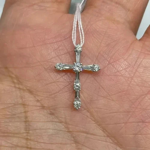 1.99Ct Baguette Cut Lab Created Diamond Cross Pendant 14K White Gold Plated