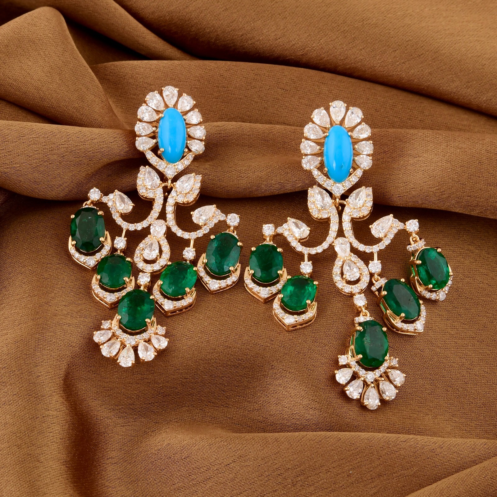 19.00TCW Emerald Lab Grown CVD Diamond Turquoise 14k Yellow Gold Dangle Earrings