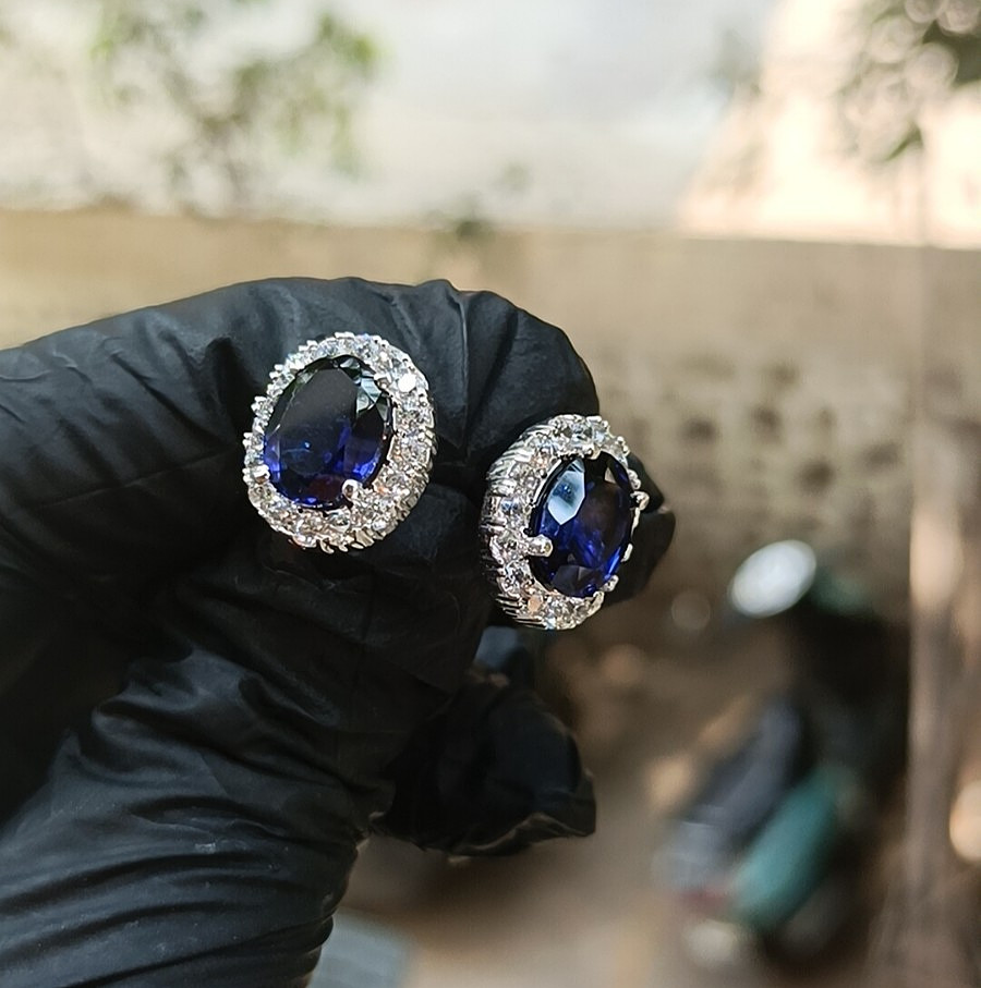 1.20Ct Oval Cut Lab-Created Sapphire Halo Stud Earrings 14K White Gold Plated