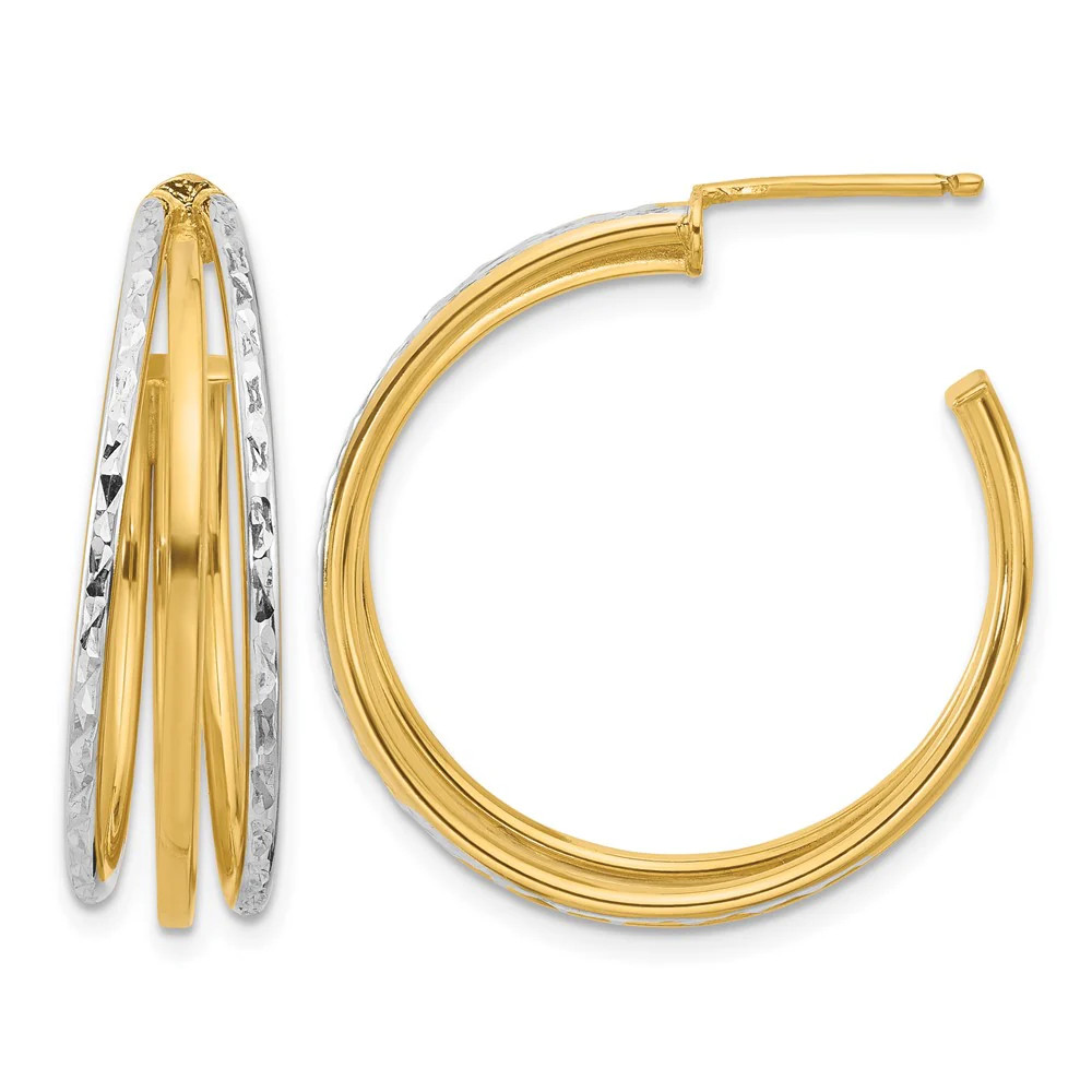14K Yellow & RH With White RH And Diamond-Cut 3-Row Round J-Hoop Post Earrings