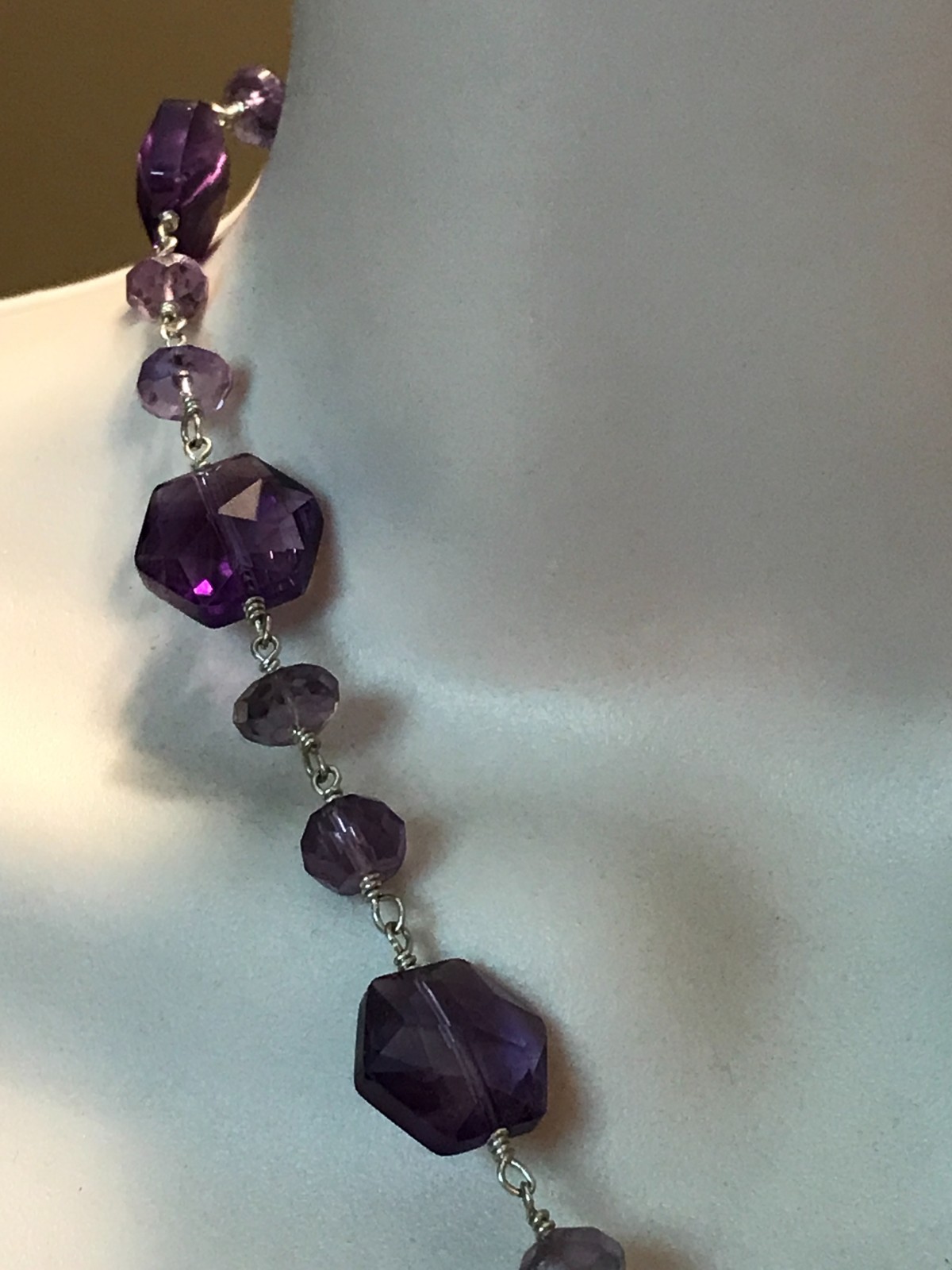 Vintage Faceted Amethyst Flower 16″ Sterling Silver Toggle Necklace Unknown Mark