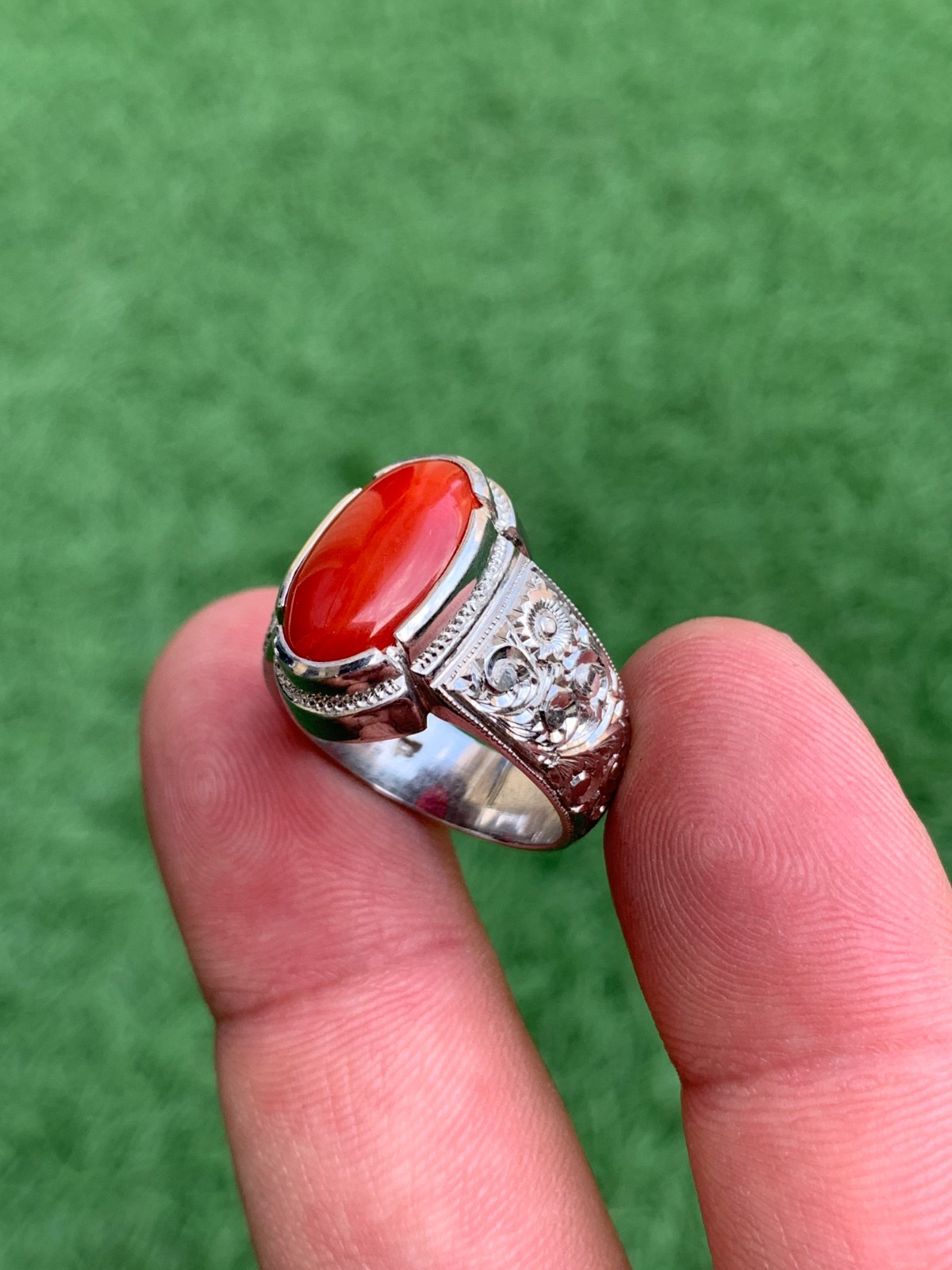 Natural 3.9 Carat Japanese Coral In Hand Made Hand Engraved Silver Ring
