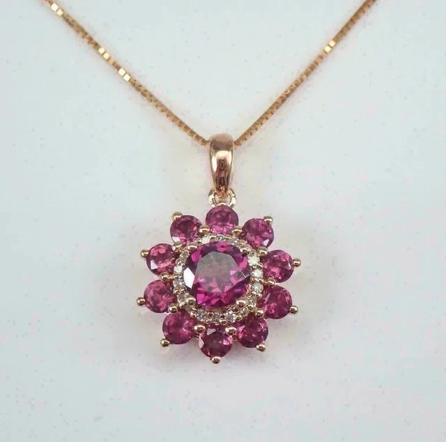 2.20Ct Round Cut Lab-Created Red Ruby Halo Flower Pendant 14K Rose Gold Finish