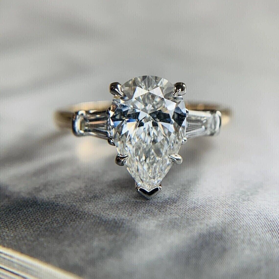 3.0CT Pear-Cut Moissanite Solitaire Engagement Ring 14K Multi-Ton Gold Plated