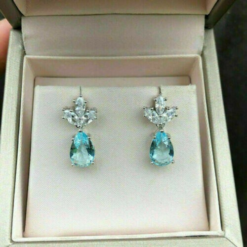 3Ct Pear Cut Aquamarine Diamond Women Drop Dangle Earrings 14k White Gold Finish