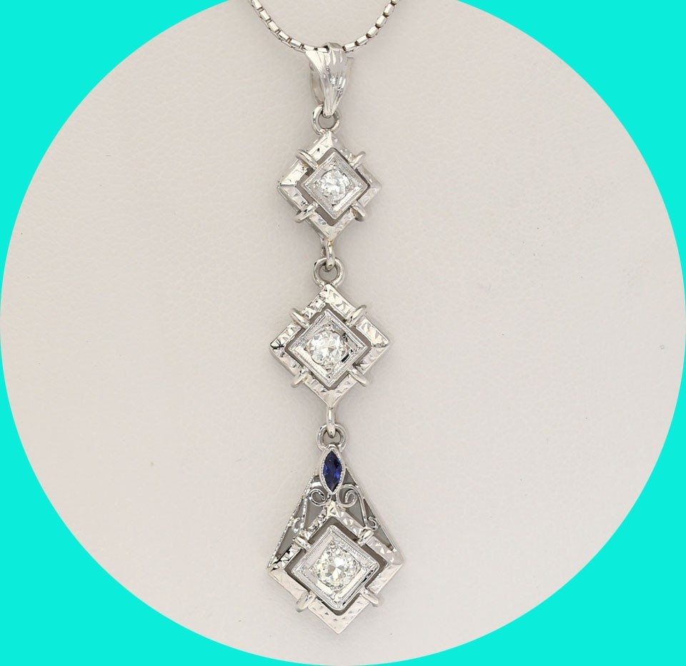 Natural Diamond Sapphire 18K Lavalier Pendant Necklace .35CT 14K WG 16”Chain