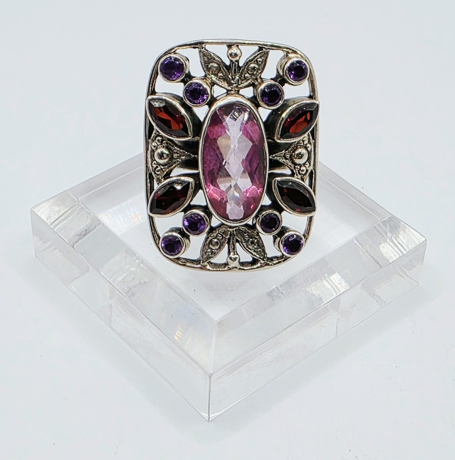 Nicky Butler 925 Sterling Silver Pink Purple Red Gemstone Floral Ring Size 8