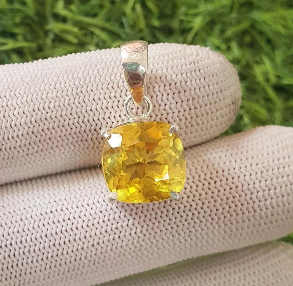 A++ Natural Yellow Sapphire Cushion Cut 18 Ct 925 Solid Silver Pendant Gemstone