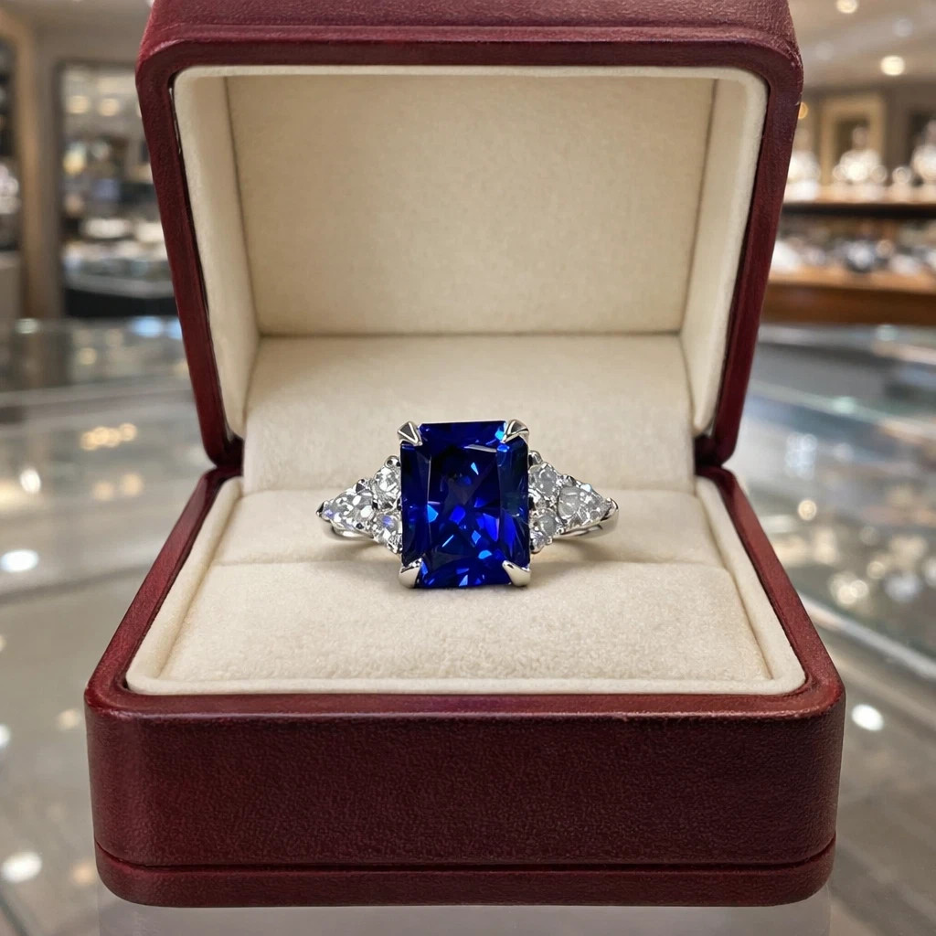 4.00 Ct Cushion Cut Natural Sapphire & Diamond Wedding Ring 14K White Gold