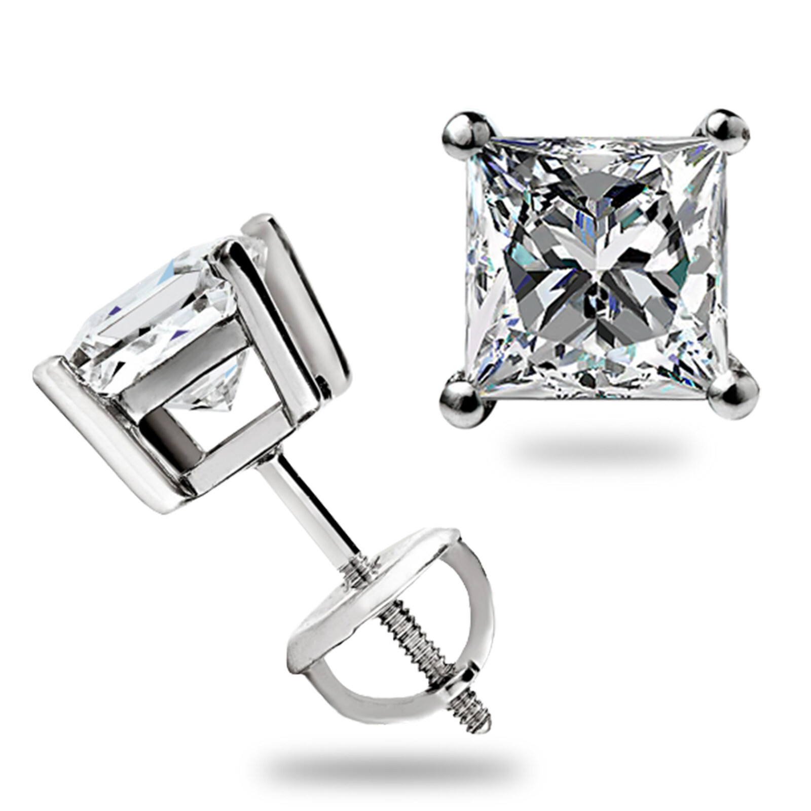 1.50 Ct Princess Cut Moissanite Stud Earrings Screwback Real 14k White Gold Gift