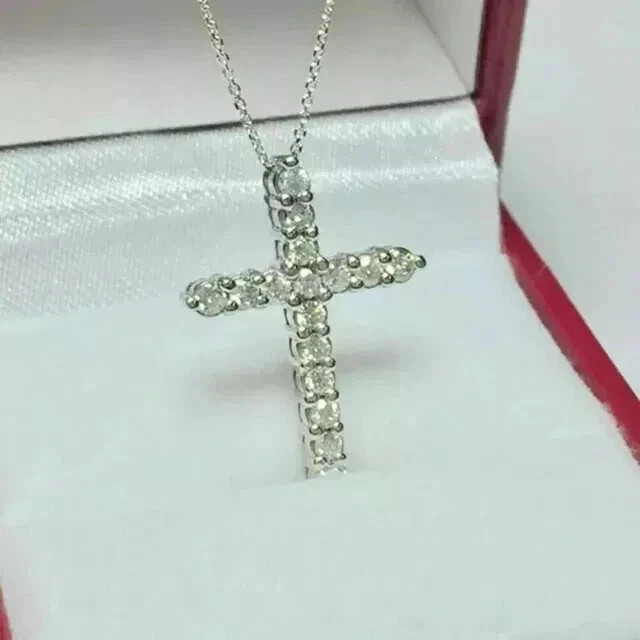 1.00CT Lab Created Diamond Women Cross Pendant 14K White Gold Plated Round Cut