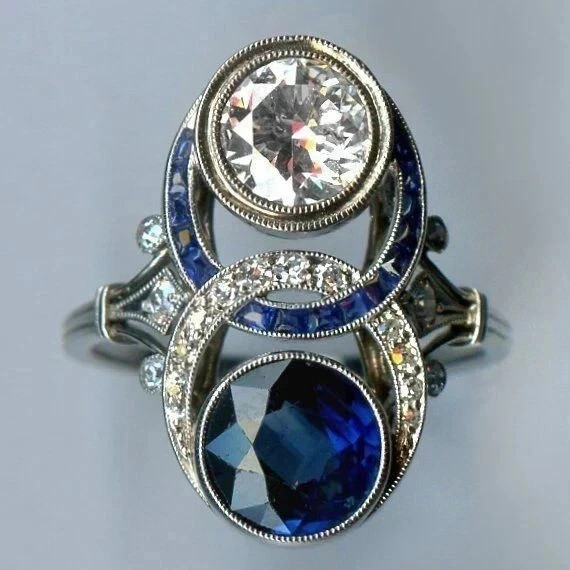 3Ct Round Cut Lab-Created Sapphire Art Deco Wedding Ring 14K White Gold Plated