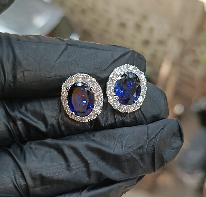 1.20Ct Oval Cut Lab-Created Sapphire Halo Stud Earrings 14K White Gold Plated