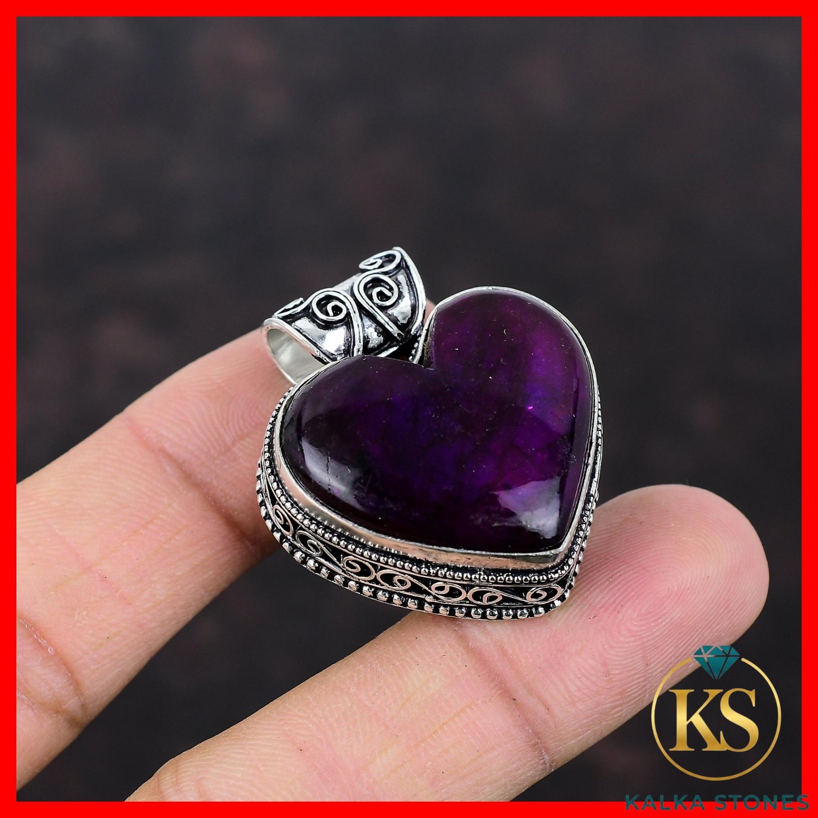 925 Silver Natural Purple Fire Labradorite Heart Vintage Anniversary New Pendant