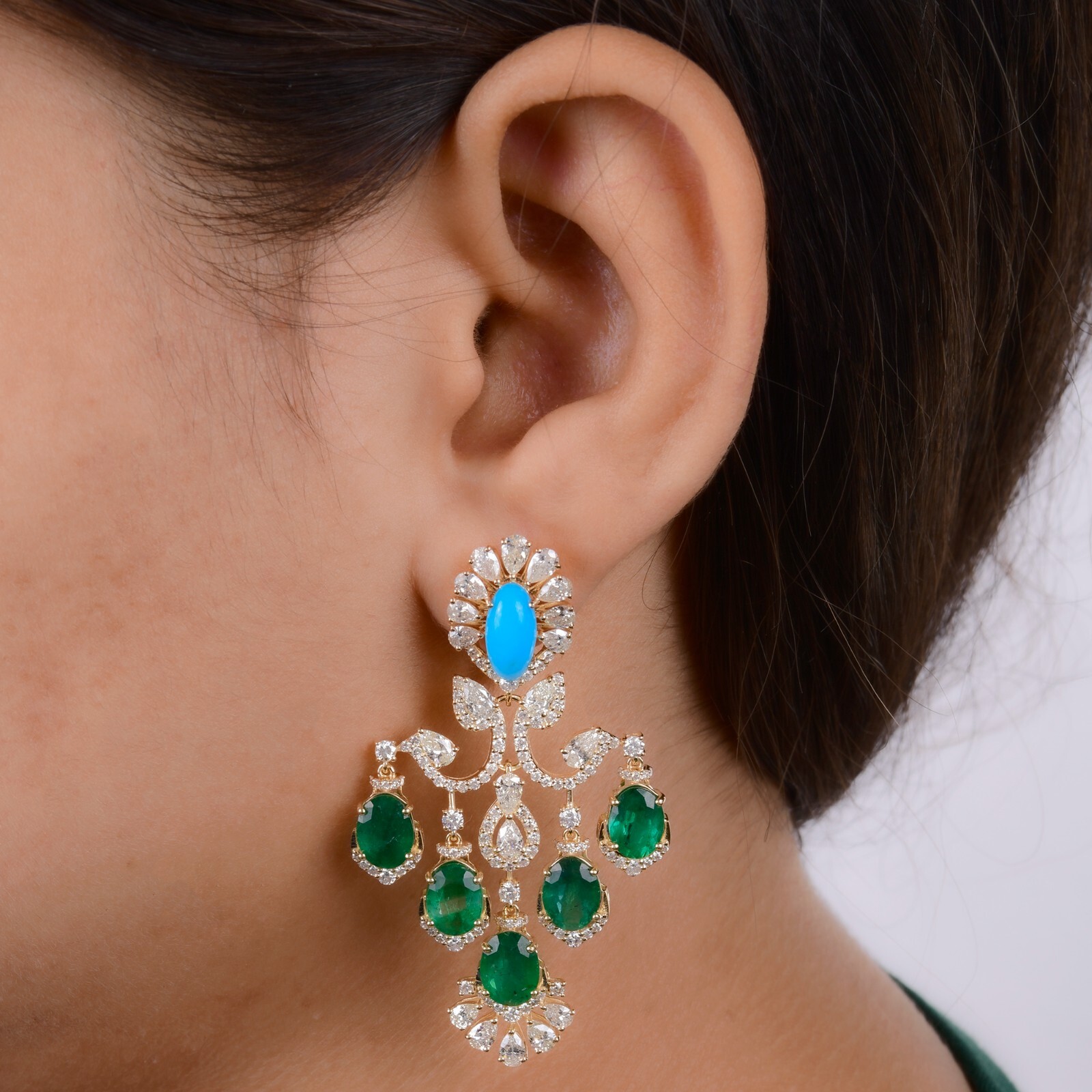 19.00TCW Emerald Lab Grown CVD Diamond Turquoise 14k Yellow Gold Dangle Earrings
