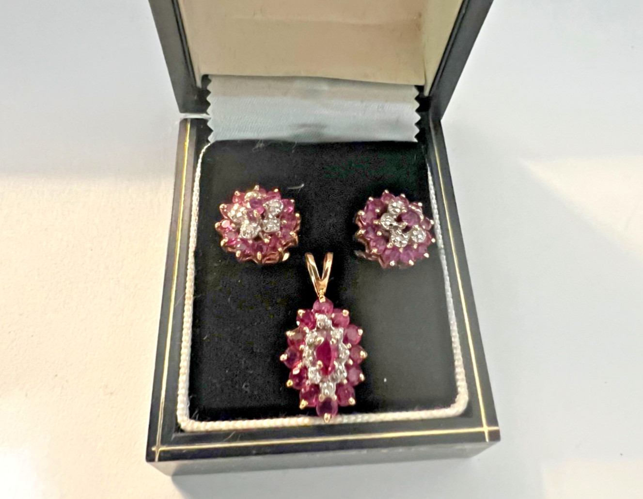 14k Yellow Gold Ruby and Diamond Earrings & Pendant Set Tested