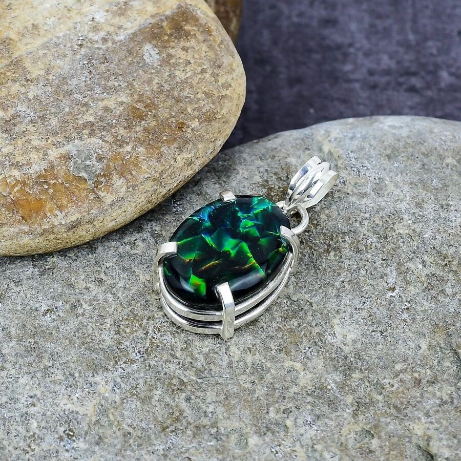Green Triplet Opal Gemstone Handmade Jewelry Solid 925 Sterling Silver Pendant