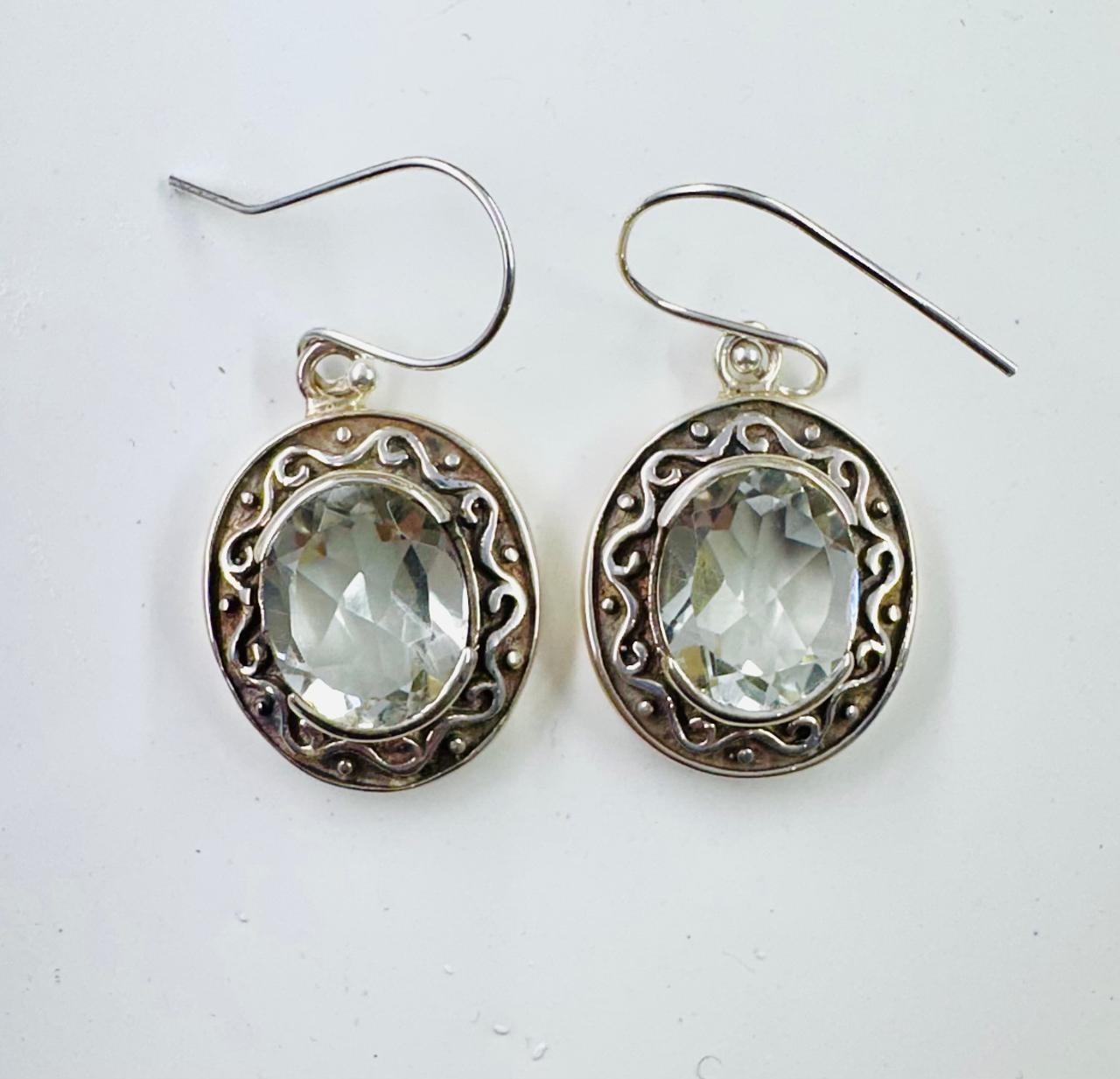 925 Sterling Silver Clear Oval Gemstone Dangle Earrings Vintage Bali Style