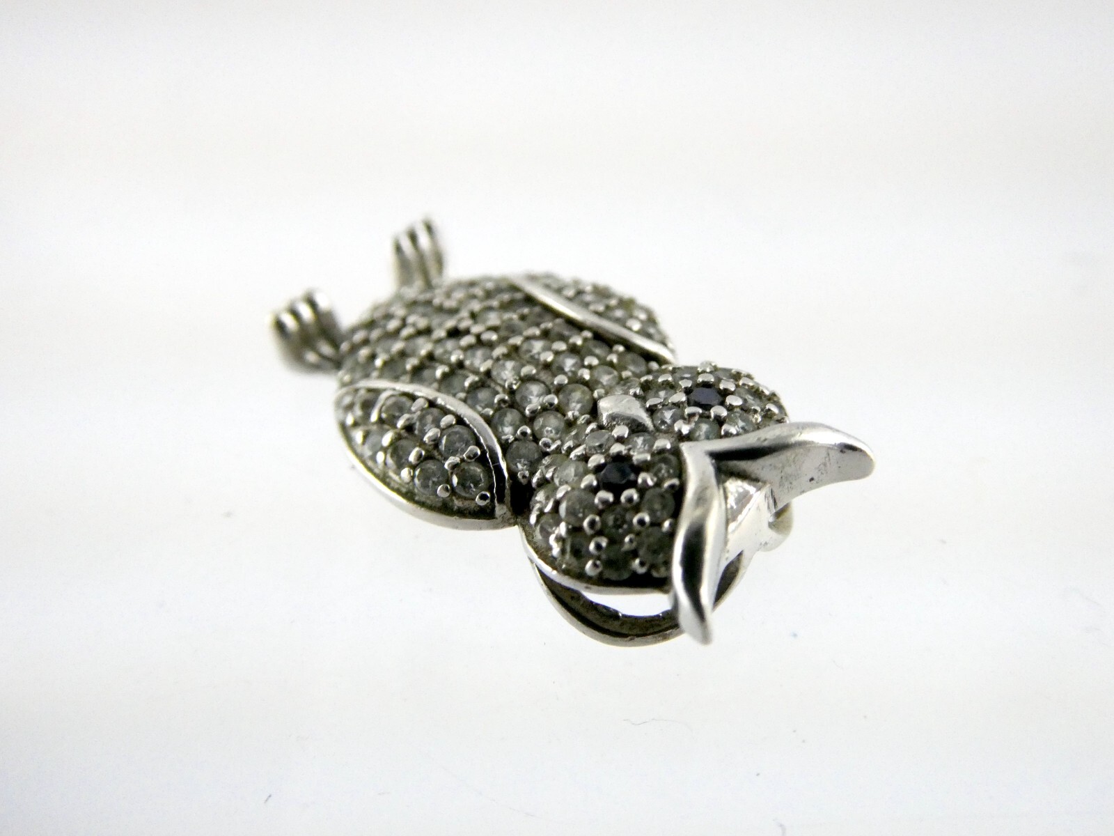 Sterling Silver White and Blue Crystal Pave Studded Owl Pendant 925 1.9g .75 In