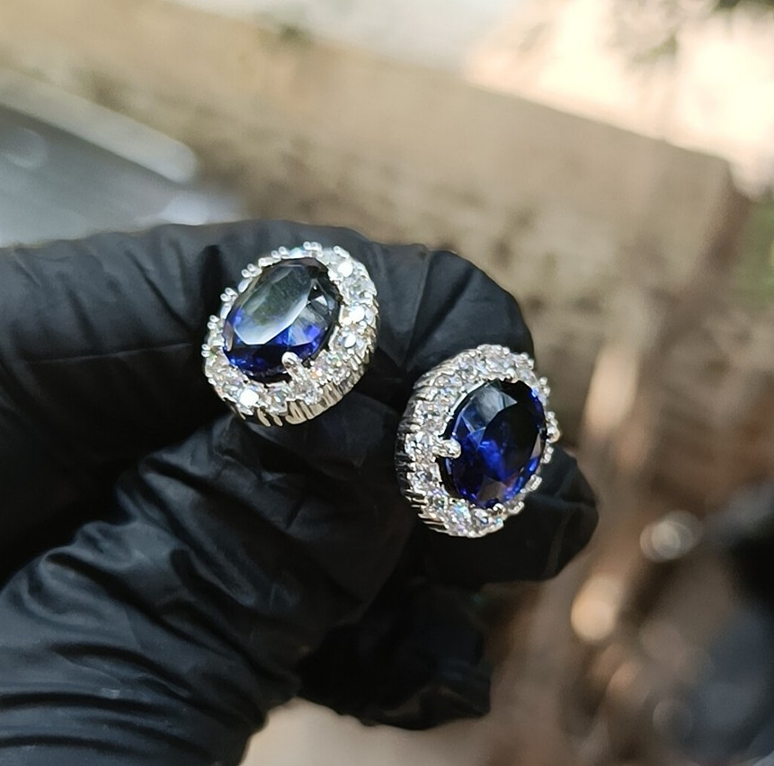 1.20Ct Oval Cut Lab-Created Sapphire Halo Stud Earrings 14K White Gold Plated