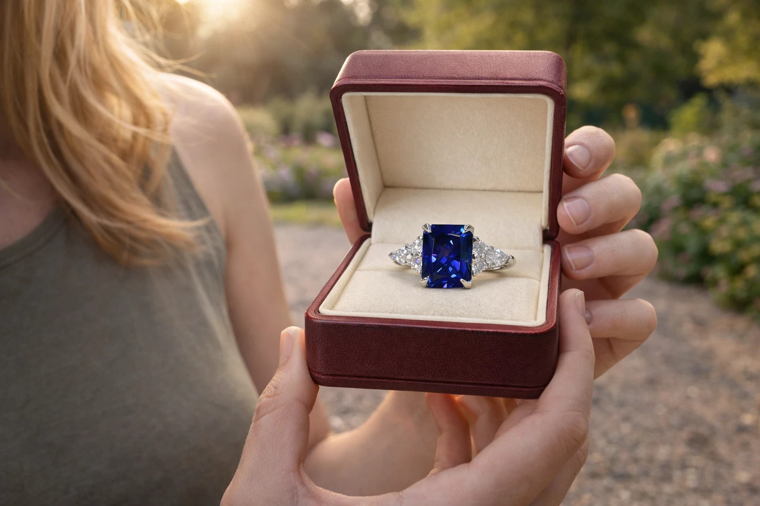 4.00 Ct Cushion Cut Natural Sapphire & Diamond Wedding Ring 14K White Gold